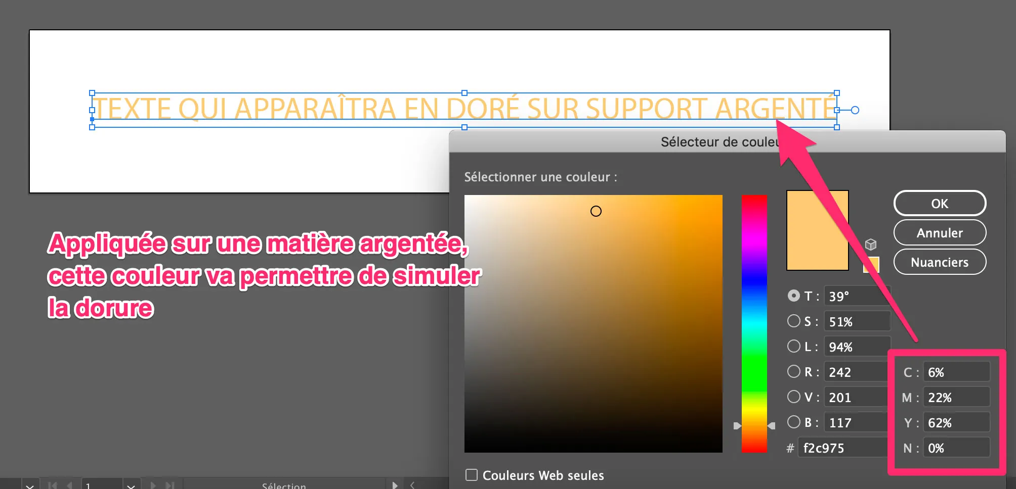 Code couleur dorure dans Illustrator